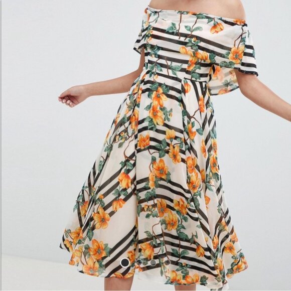 NWT ASOS Bandeau Midi Dress White Black Stripe Orange Floral Off Shoulder Size 4 - Picture 13 of 13
